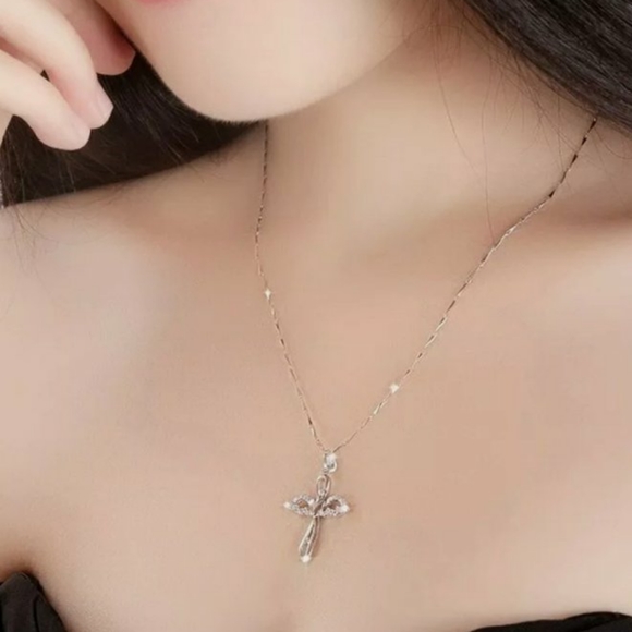 Silver Angel Wings Cross Pendant Clavicle Chain Necklace - Picture 5 of 8